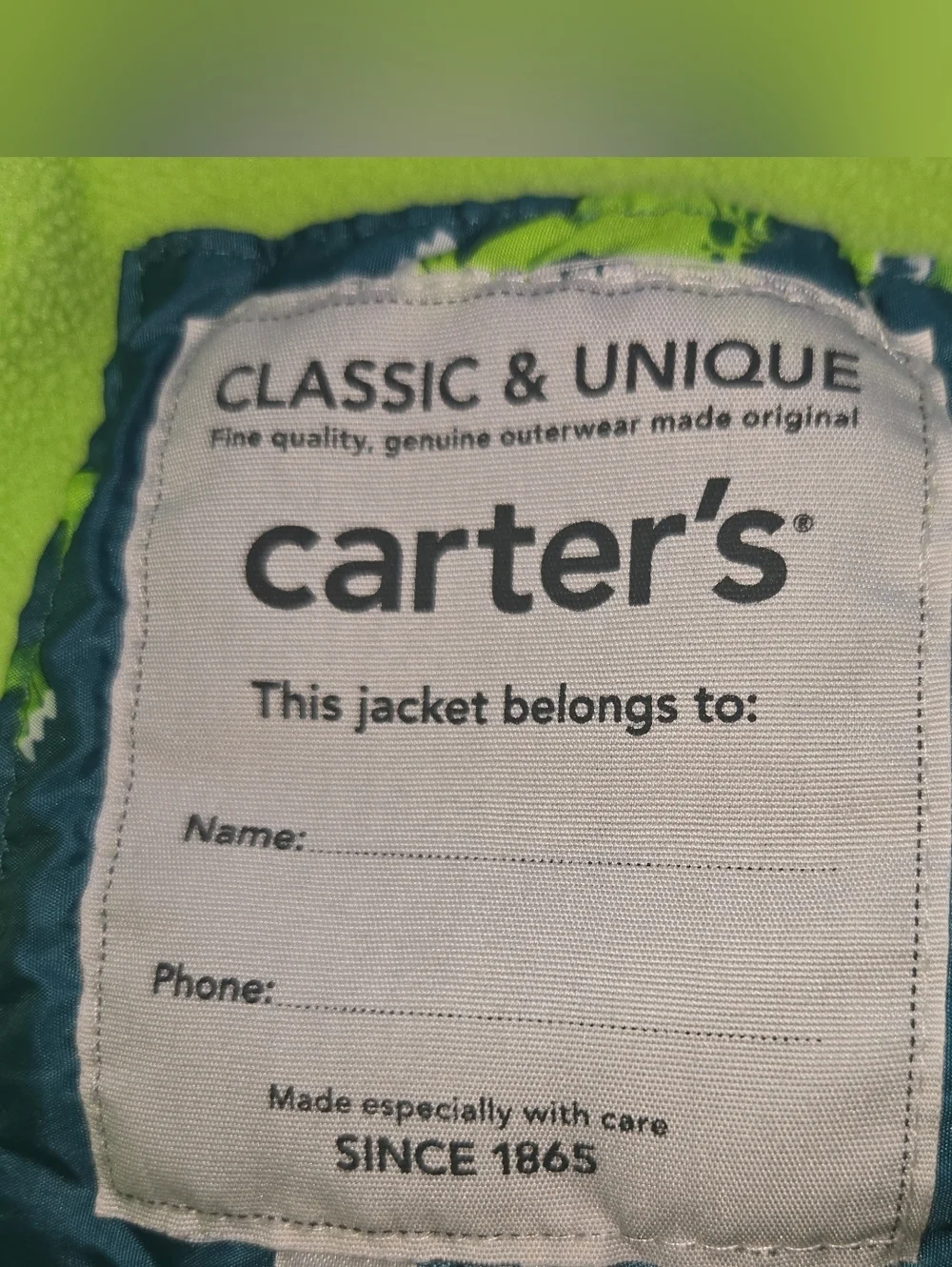 Carter's  Boys Teal  Windbreaker with Blue & Neon Green Dino Print - Size 4T